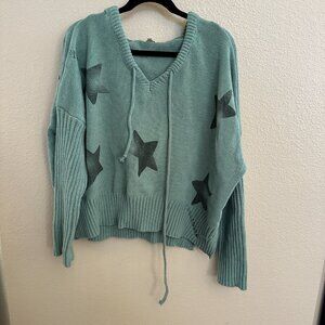 Pol Womens Hooded Star Knit Sweater Large Teal Distressed Drawstring Pullover